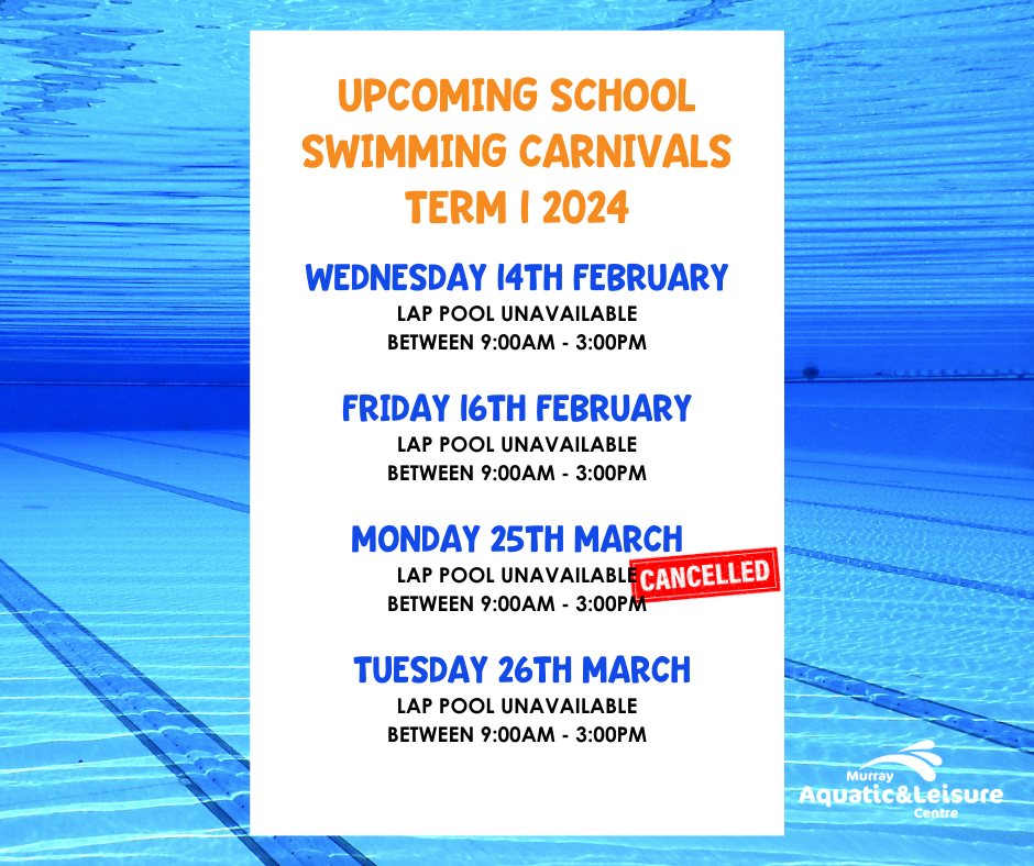 Upcoming School Swimming Carnivals Term 1